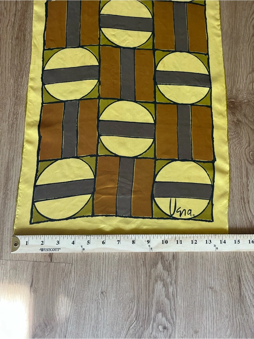 Vera Neumann Silk Vintage Scarf Yellow Geometric Abstract Hand-Rolled Hem 44”
